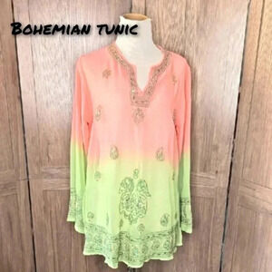 Elegant BohemianPeach and Green Embroidered sequin  Women's Top tunic